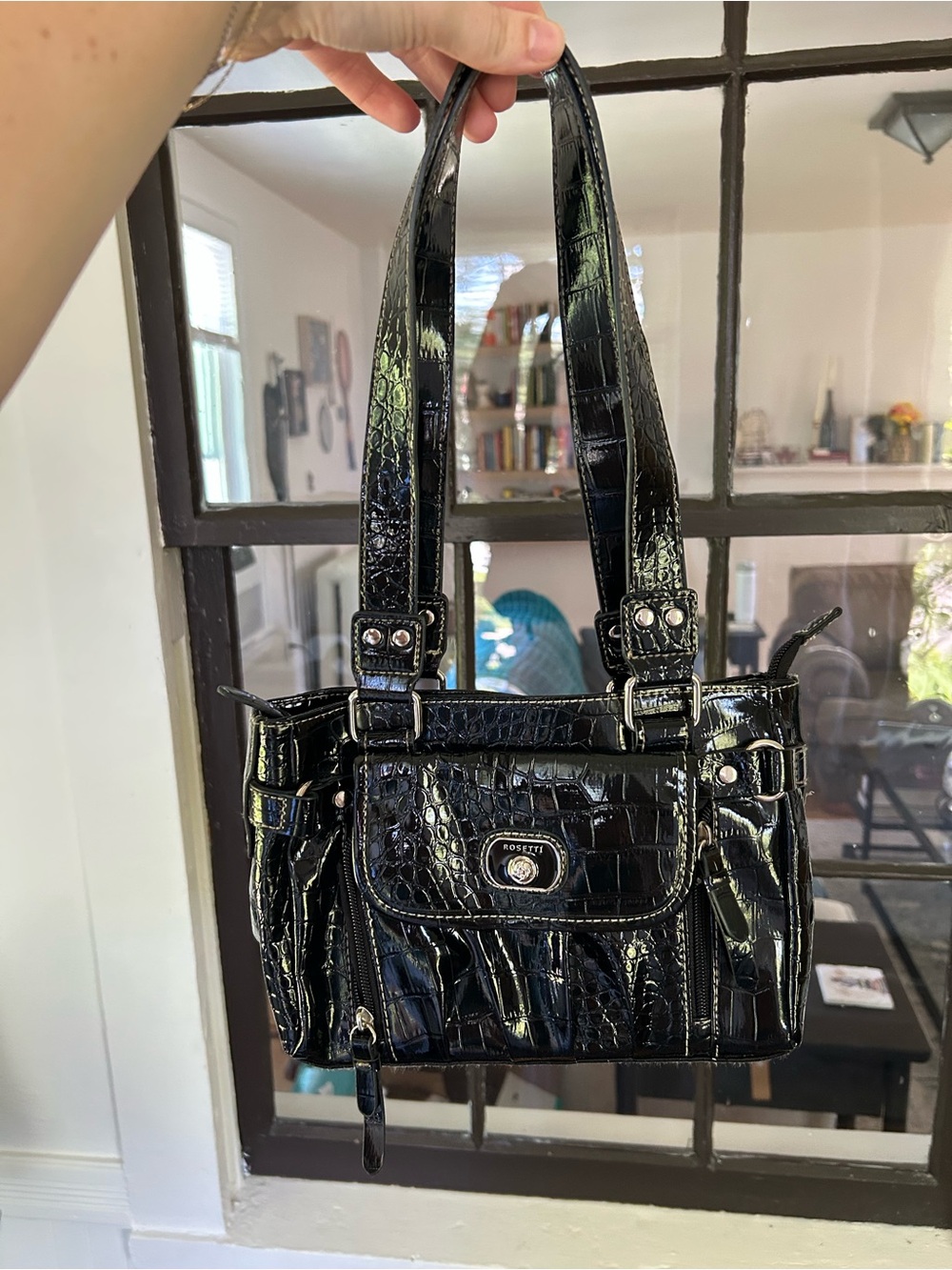 Y2K Rosetti Black Croc-Embossed Patent Shoulder Bag with Dual Straps